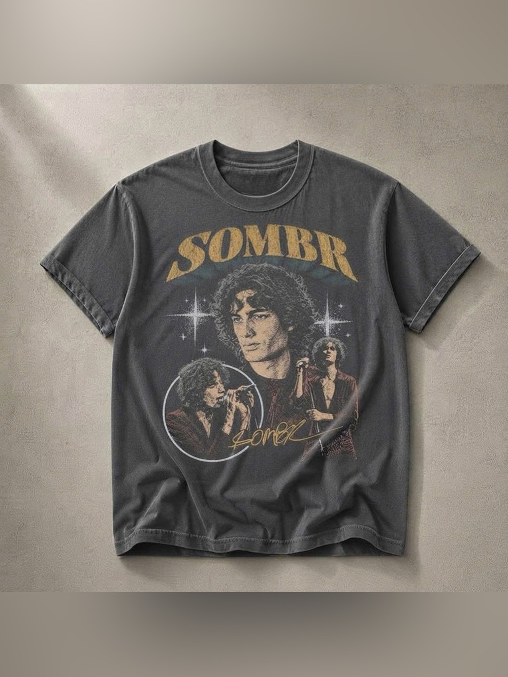 Vintage Charcoal Graphic SOMBR Band Portrait Short Sleeve Tee